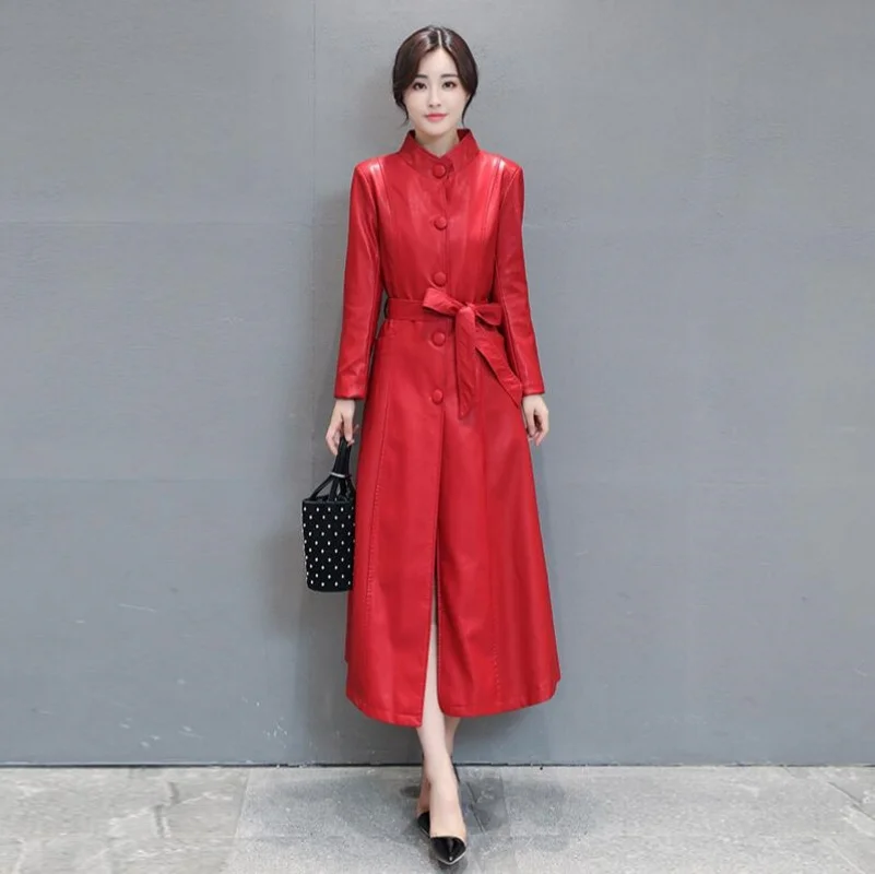 Nuevo gabardina de cuero para mujer, moda informal, cuello redondo, botonadura única, Tops ajustados de PU, abrigo largo, prendas de vestir exteriores, Coa de cuero