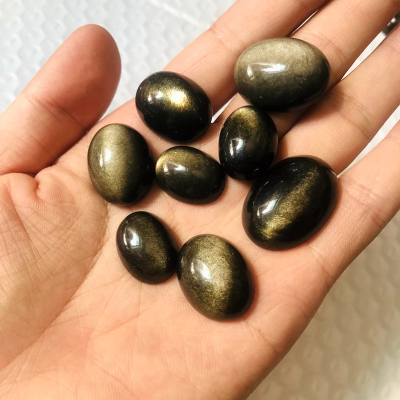 PANGEM-Promotion!5Pcs/Pack Mixed Free Size Natural Golden Obsidian Beads Cabochons,Cat\'s Eye Gemstone Cabochon Ring Face,15-26mm