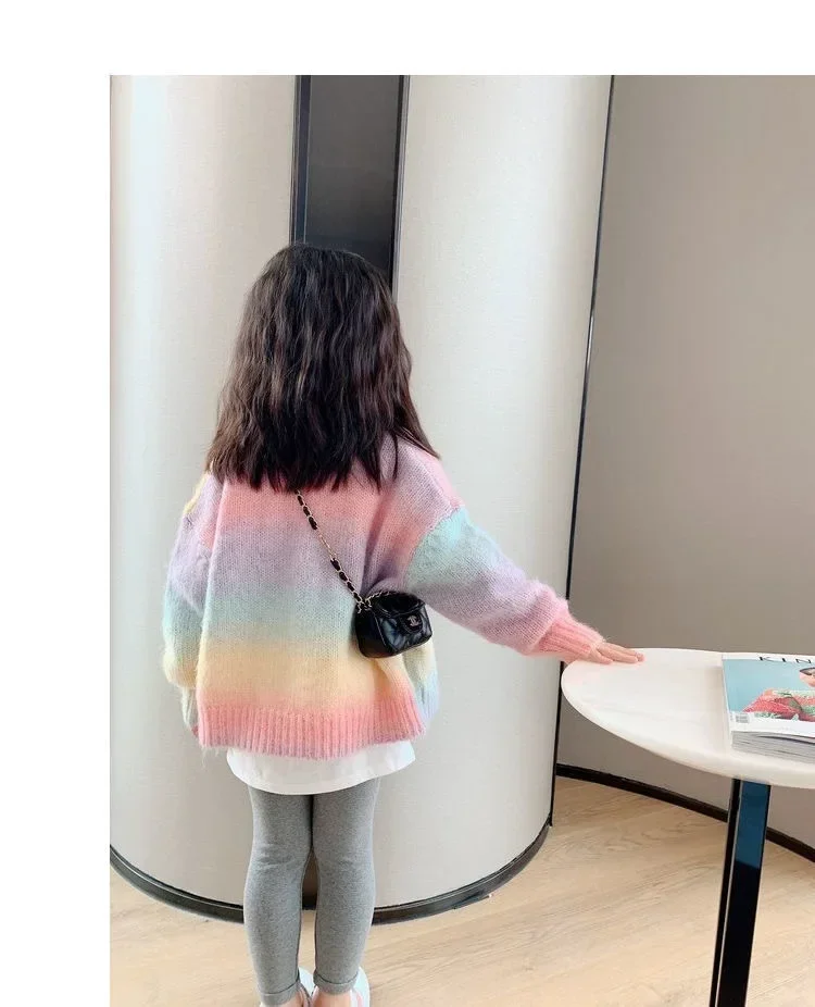 Girls Sweater Coat Autumn Gradient Cardigan Sweater 2023 New Childrens Rainbow Net Red Fashion Style Casual Girls Coat Top