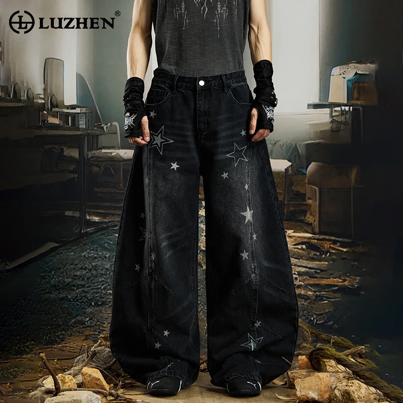

LUZHEN оригинальные свободные широкие джинсовые брюки с принтом пятиконечной звезды, новые стильные уличные прямые джинсы высокого качества JY4954