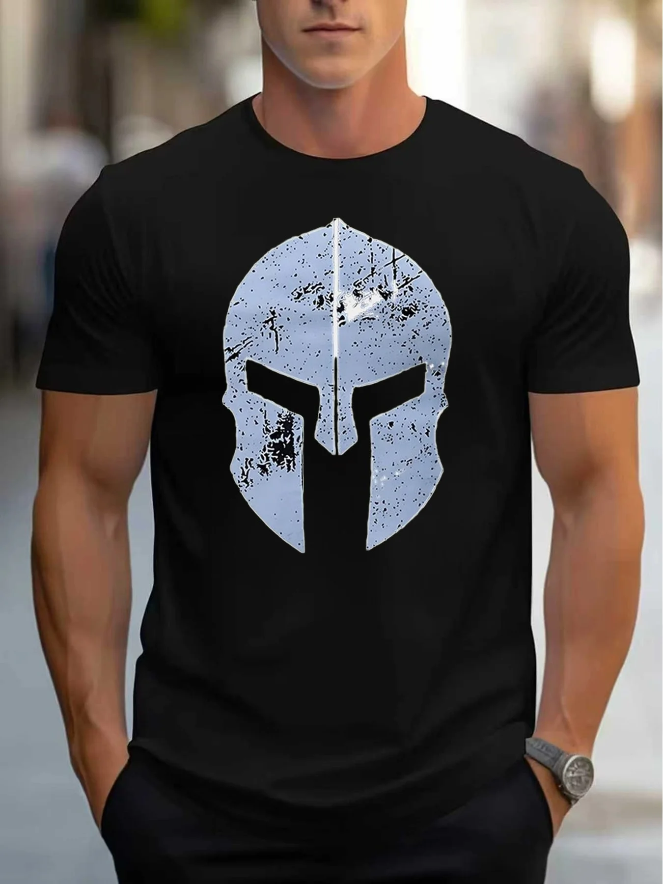 Blue and Silver Armor Print T-Shirt, Unique Design, Showcasing Personal Charm03