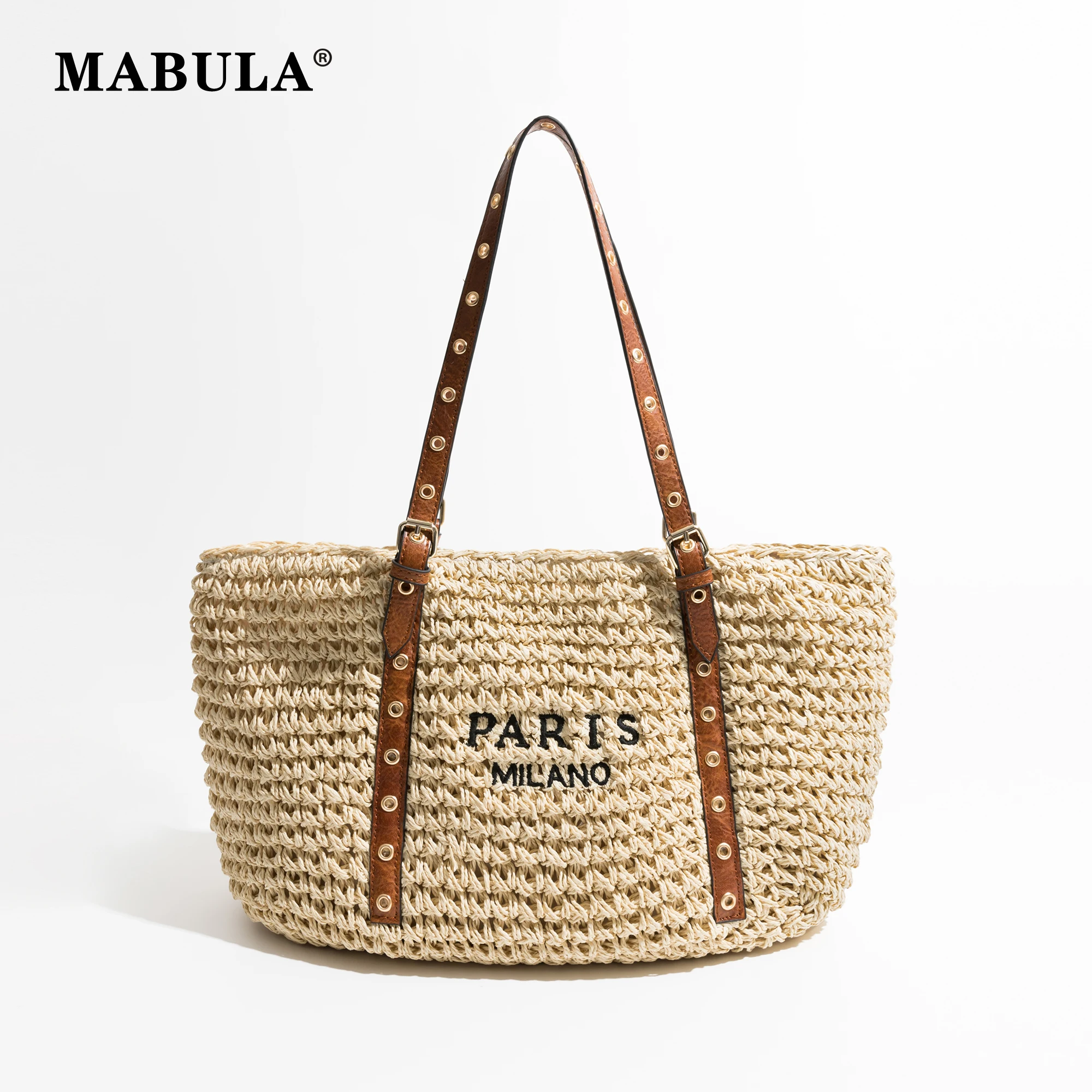 MABULA Summer Straw Beach Fashion Woman Tote Bag Luxury Design Plaited Raffia Vacation Female Handbag Handmade Knitted Purse