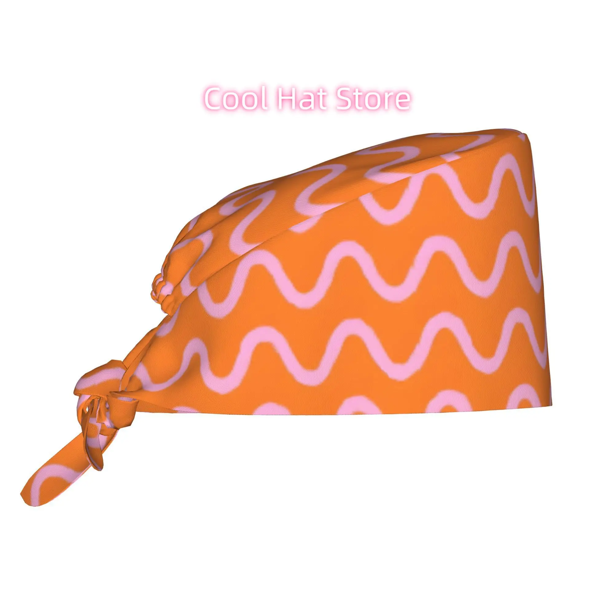 Wiggly Wavy Lines in Pink on Orange Unisex Work Cap Adjustable Lightweight with Lace Up Desig Dust Proof Suitable for Nurses And