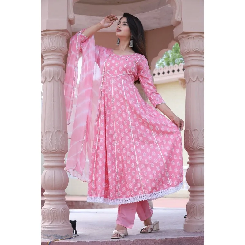 

Pakistani Indian Women Wear Pink Anarkali Embroidery Work Kurti Pant Dupatta Set