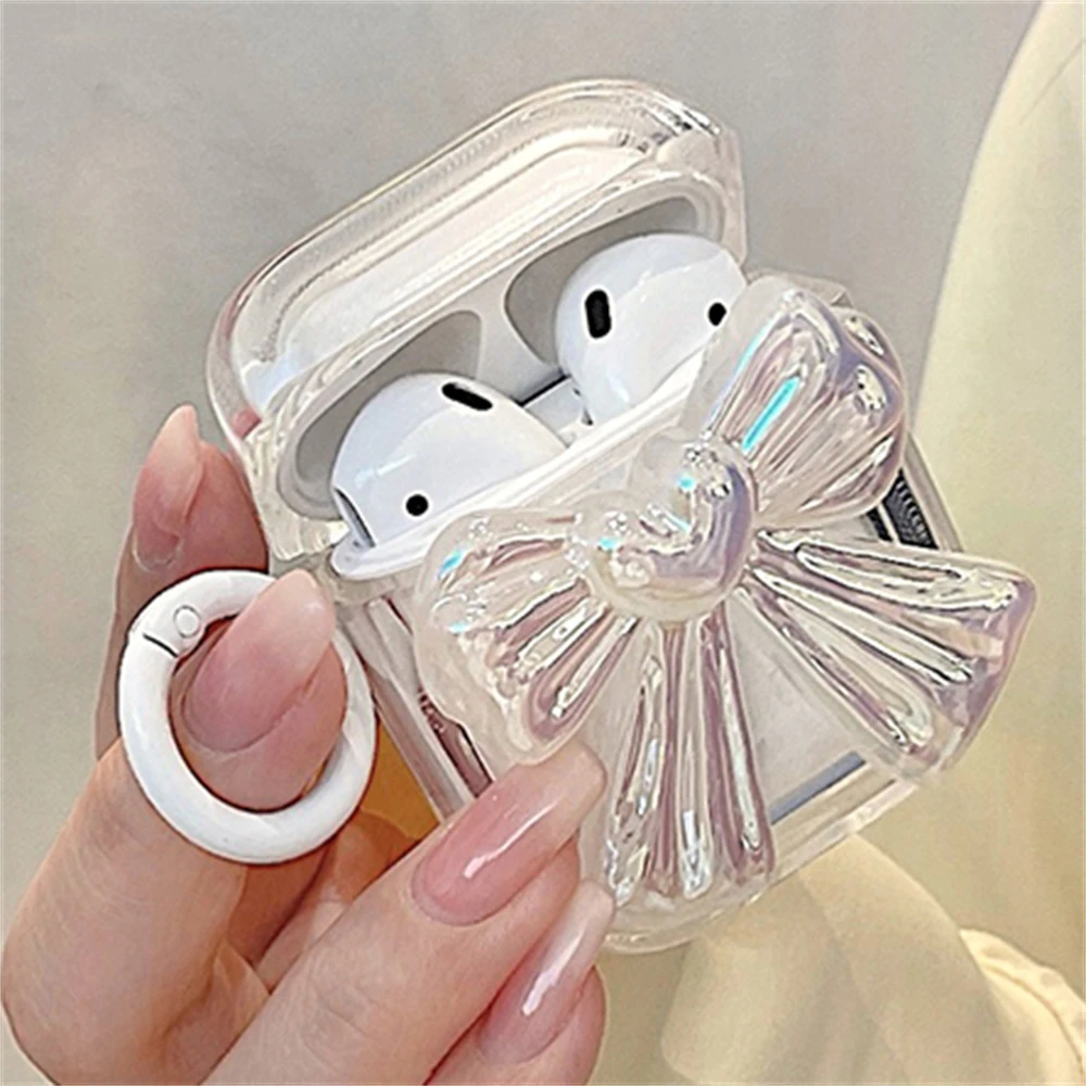 Funda de auriculares transparente con lazo grande láser 3D para AirPods, carcasa protectora con llavero, cubierta suave, 1, 2, 3, Pro 2