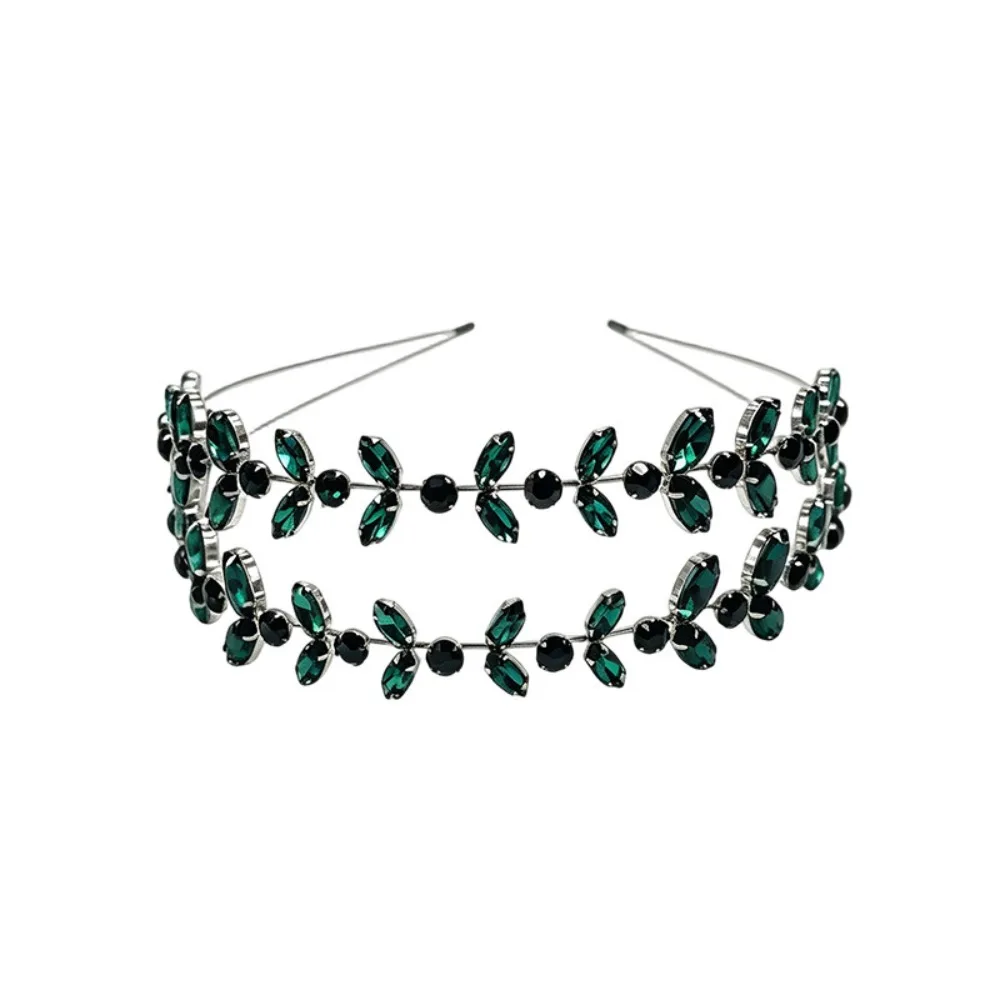 Beautiful Double Layer Rhinestone Leaf Hairband Green Exquisite Leaf Bridal Tiaras Shiny Elegant Wedding Headdress Prom Event