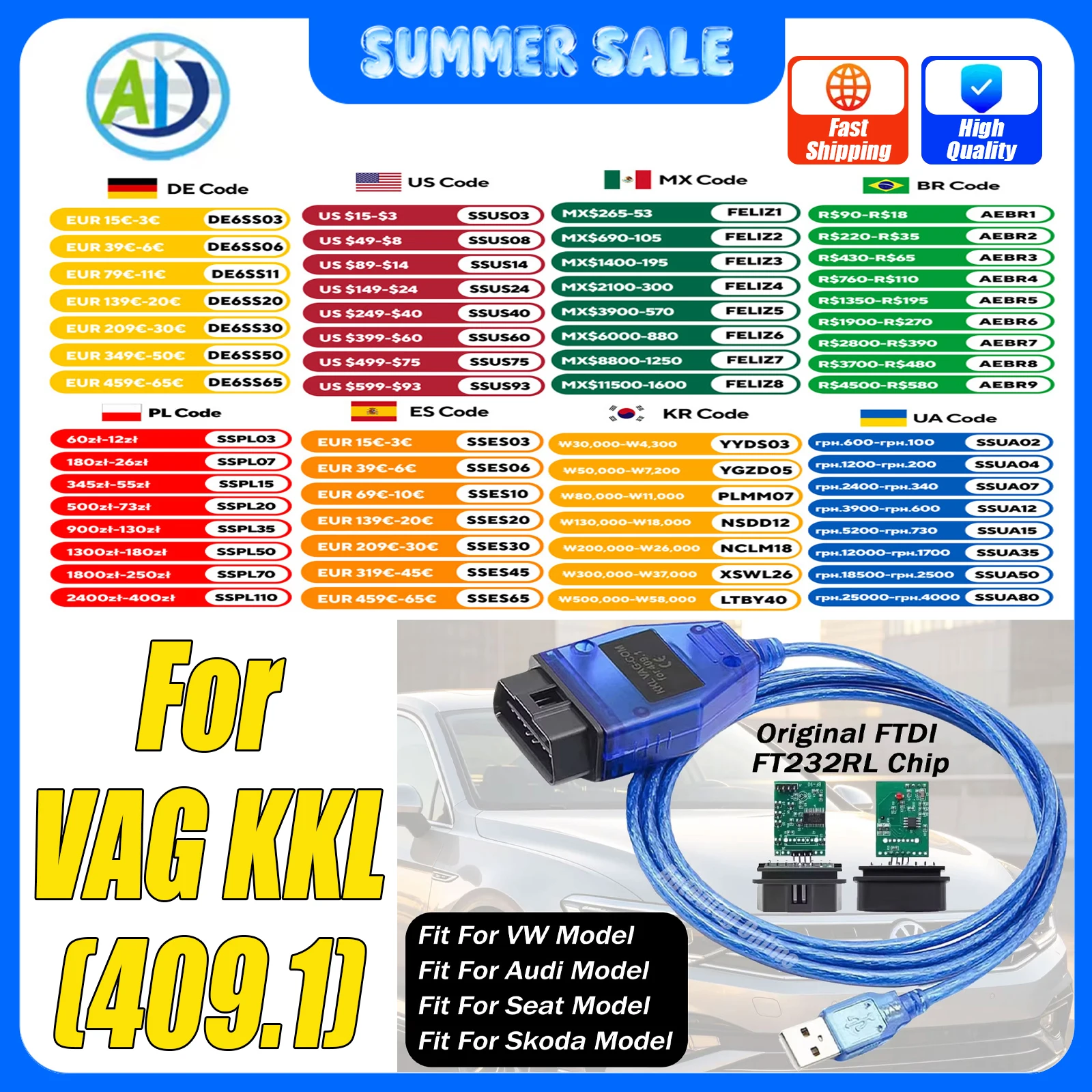 

OBD2 Interface Cable For VAG KKL 409.1 Original FTDI FT232RL For VW/Audi/Skoda/Seat OBD2 Car Diagnostic Scanner Tool with USB