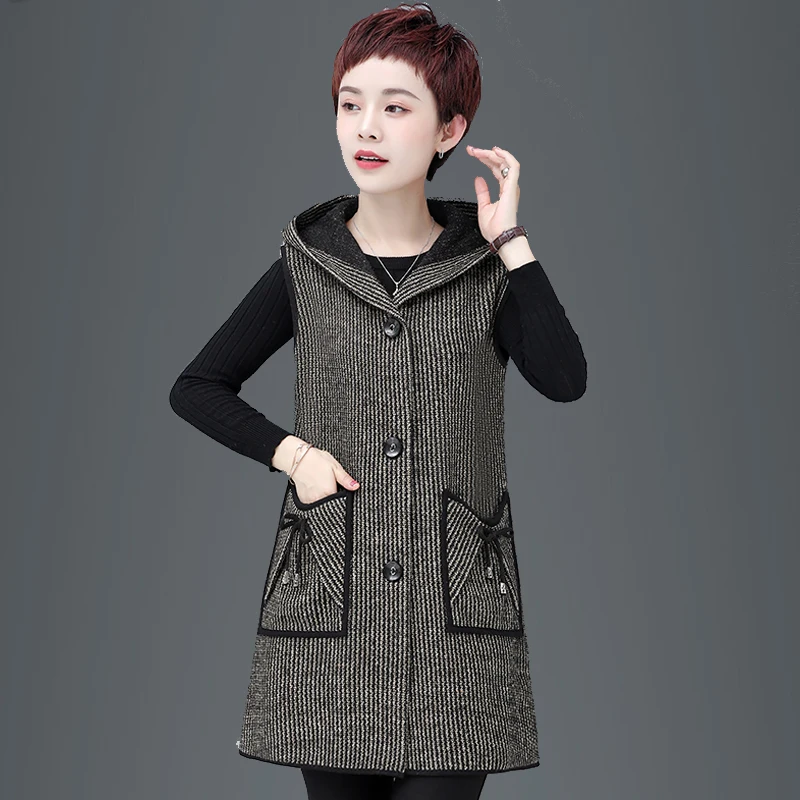 

Autumn Plaid Suit Waistcoats Vest Women Overcoat 2023 New Fashion Elegant Loose Hooded Waistcoat Vests Jacket Female Outwear Top