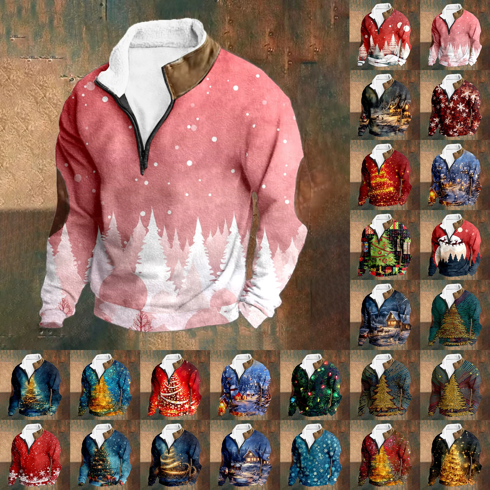 

Новый стиль, европейско-американская мужская зимняя повседневная рубашка с длинными рукавами и 3D цифровым рождественским узором на молнии и воротнике-стойке