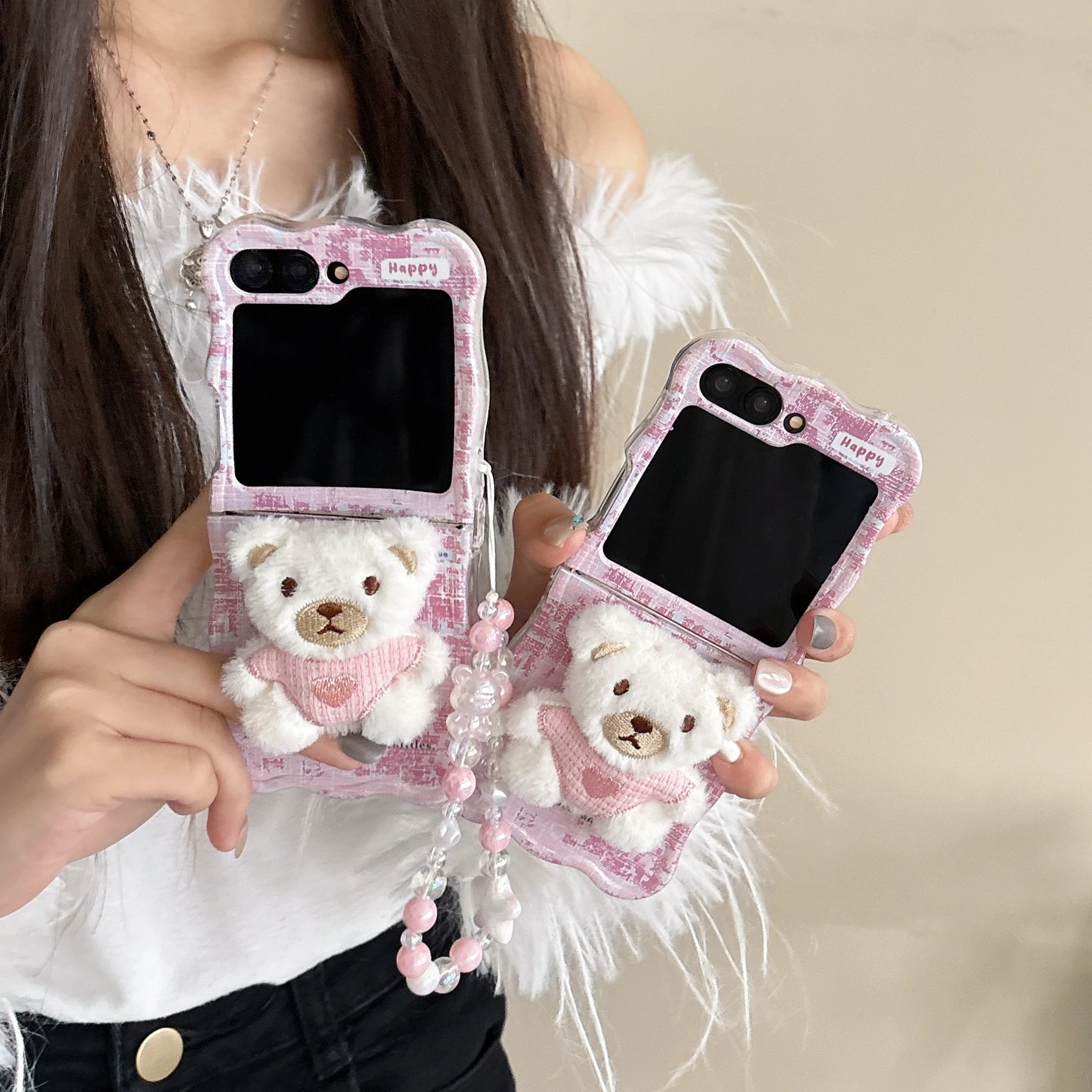 Autumn and winter pink teddy bear wave pattern phone case suitable for Samsung Z flip 6 5 4 3 folding phone case cute