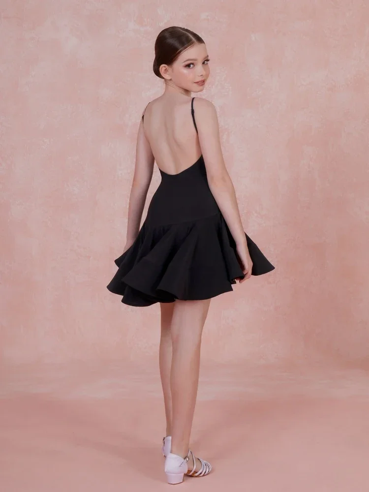 Abito da ballo latino per ragazze Gonna altalena grande senza schienale con fionda Chacha Rumba Tango Abito da competizione di ballo latino per bambini ZYM