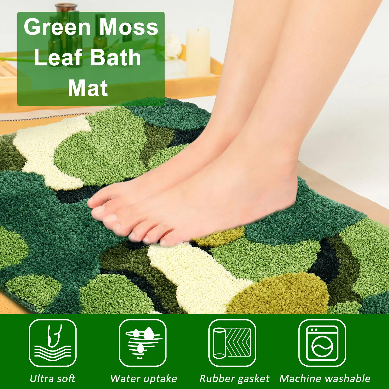 Green Moss Leaf Bath Mat Non-Slip Moss Bathroom Rugs Super Absorbent Bath Mat Soft Microfiber Machine Washable Shower Mat Cute