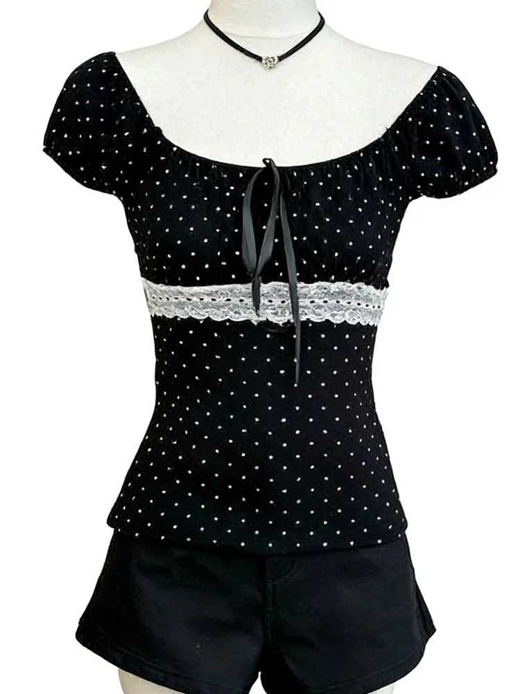 

Summer new sweet and spicy lace patchwork polka dot square neck short sleeved T-shirt for women, slim fit and slimming top ins