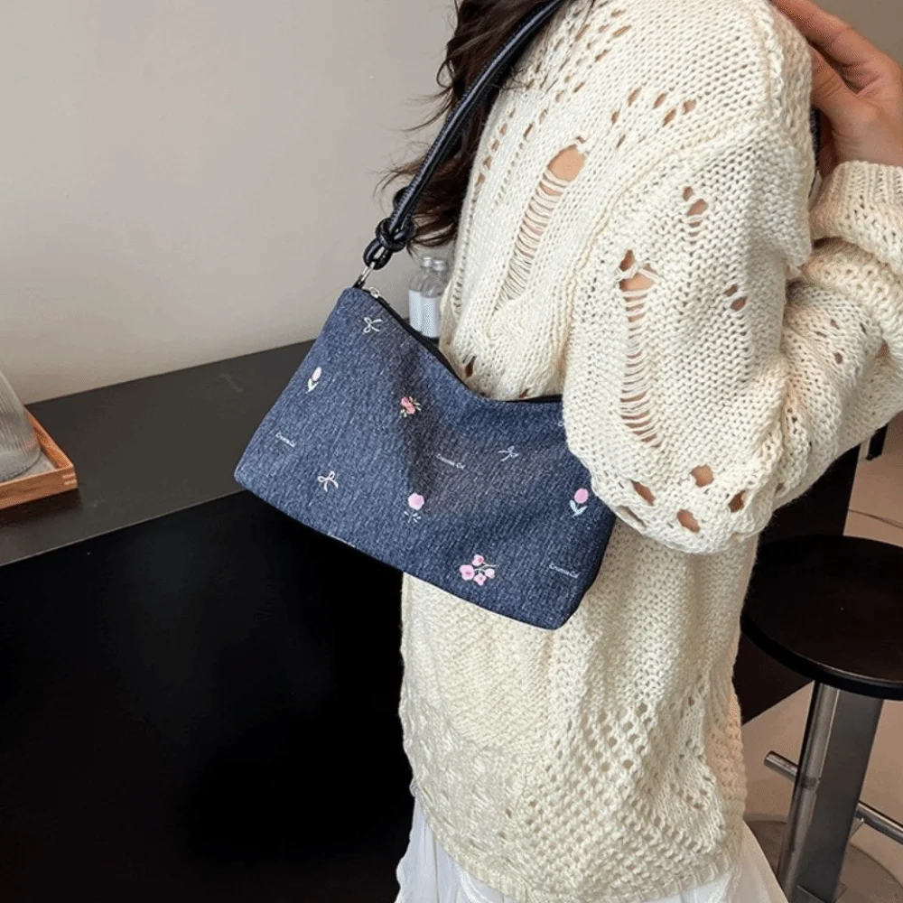 Tas Selempang Korea Model Pita Biru Serbaguna Bahan Denim Tas Bahu Manis dengan Ritsleting Tas Tangan Wanita