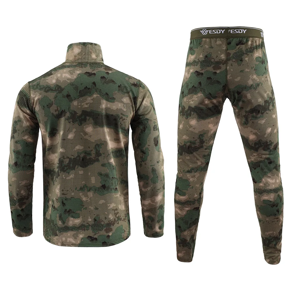 Men's Breathable Fleece Thermal Set Tactical Outdoor Camouflage Combat Suit Quick Dry Slim Fit Underwear Long Johns for Cycling