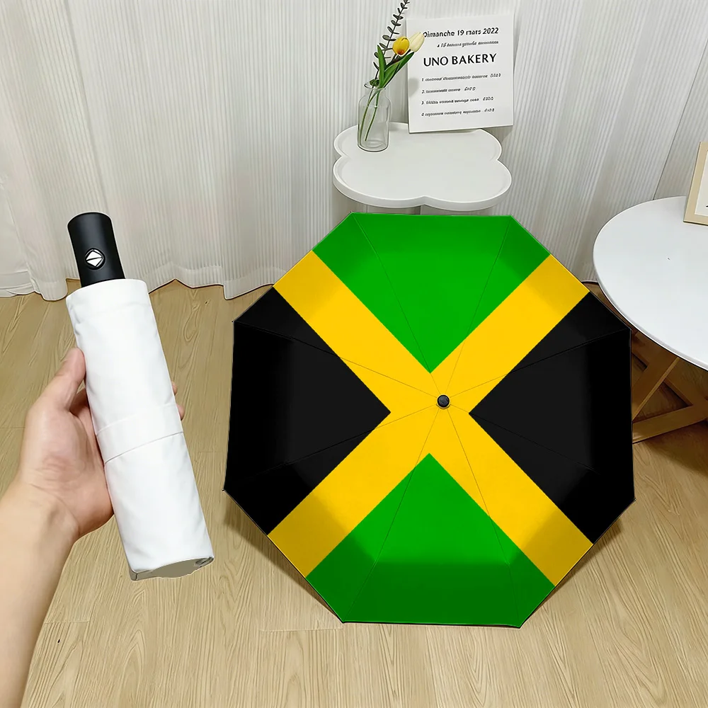 

Jamaica National Flag Green Yellow Black Cross Print Auto Folding Umbrella Waterproof Windproof Compact Travel Umbrella
