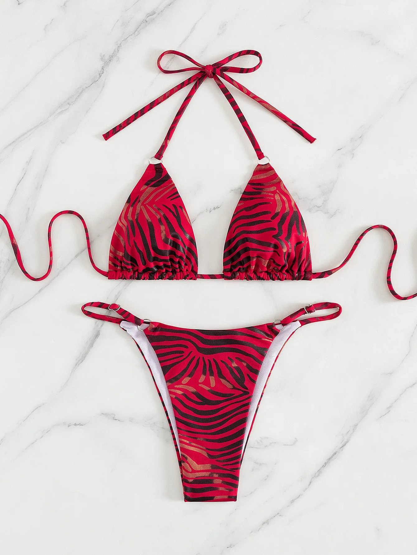 Sexy Rode Zebraprint Bikini Set 2025, Vrouwen Braziliaanse Meta Ring Push Up Bh String Badpak Strand Badpak Micro Badmode