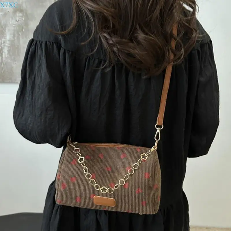 

X7XC Fashionable Women's Corduroy Crossbody Bag Soft Pillow Shaped Purse with Chain