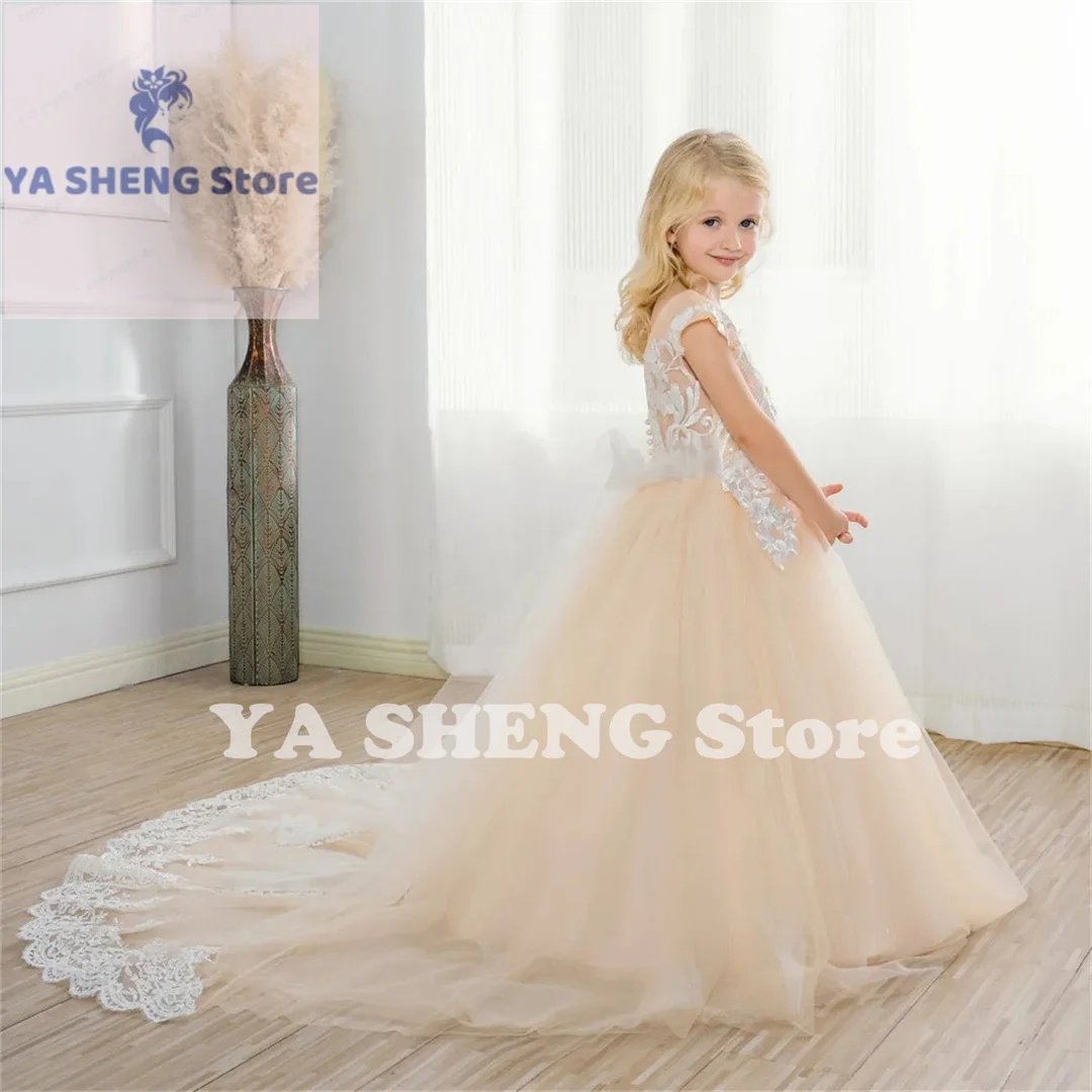 Champagne Lace Flower Girl Dress Sleeveless Round Neck Wedding Elegant Little Trail Flower Children's First Communion Dress