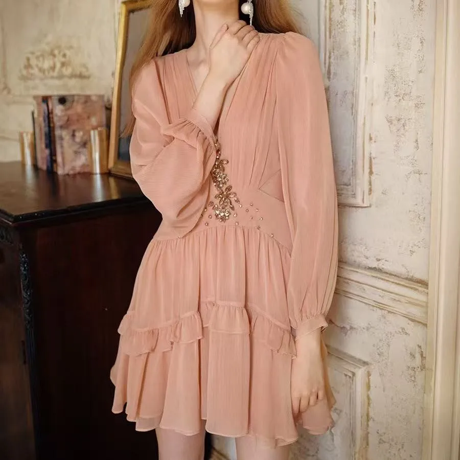 a Line Fitted Gown with High Waist Short Sleeve V Neck Zipper Closure Colorblock Private Celebrity Style Dress Summer for Women