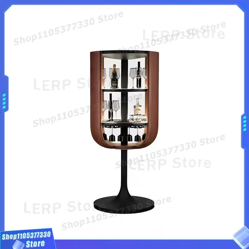 Luxury Solid Wood Wine Cabinet with Lamp Creative Rotating Bar Rack for Glass Storage Modern Display Shelf Suitable for Villa