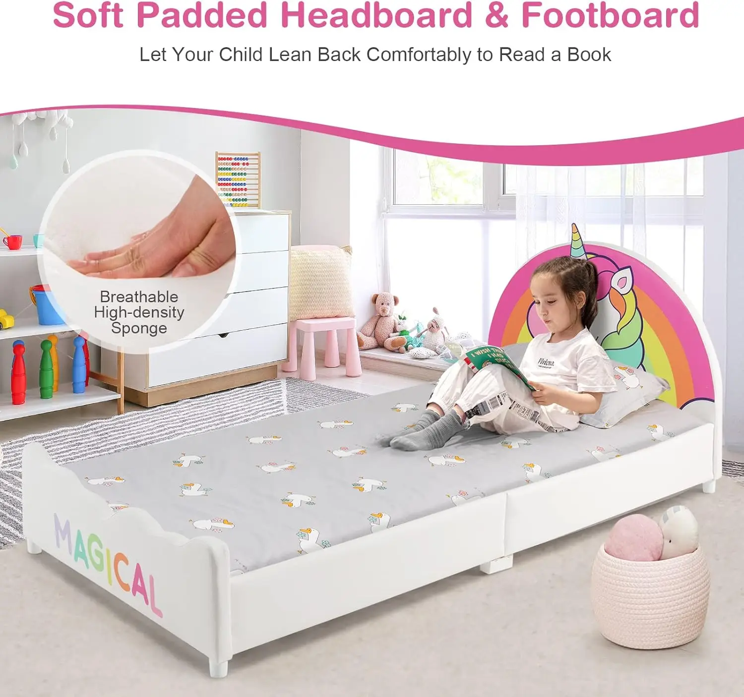 Tweepersoonsbedframes voor kinderen, met hout bekleed platform voor eenpersoonsbed met lattenbodem, gewatteerd hoofdeinde en voeteinde, geen boxspring nodig