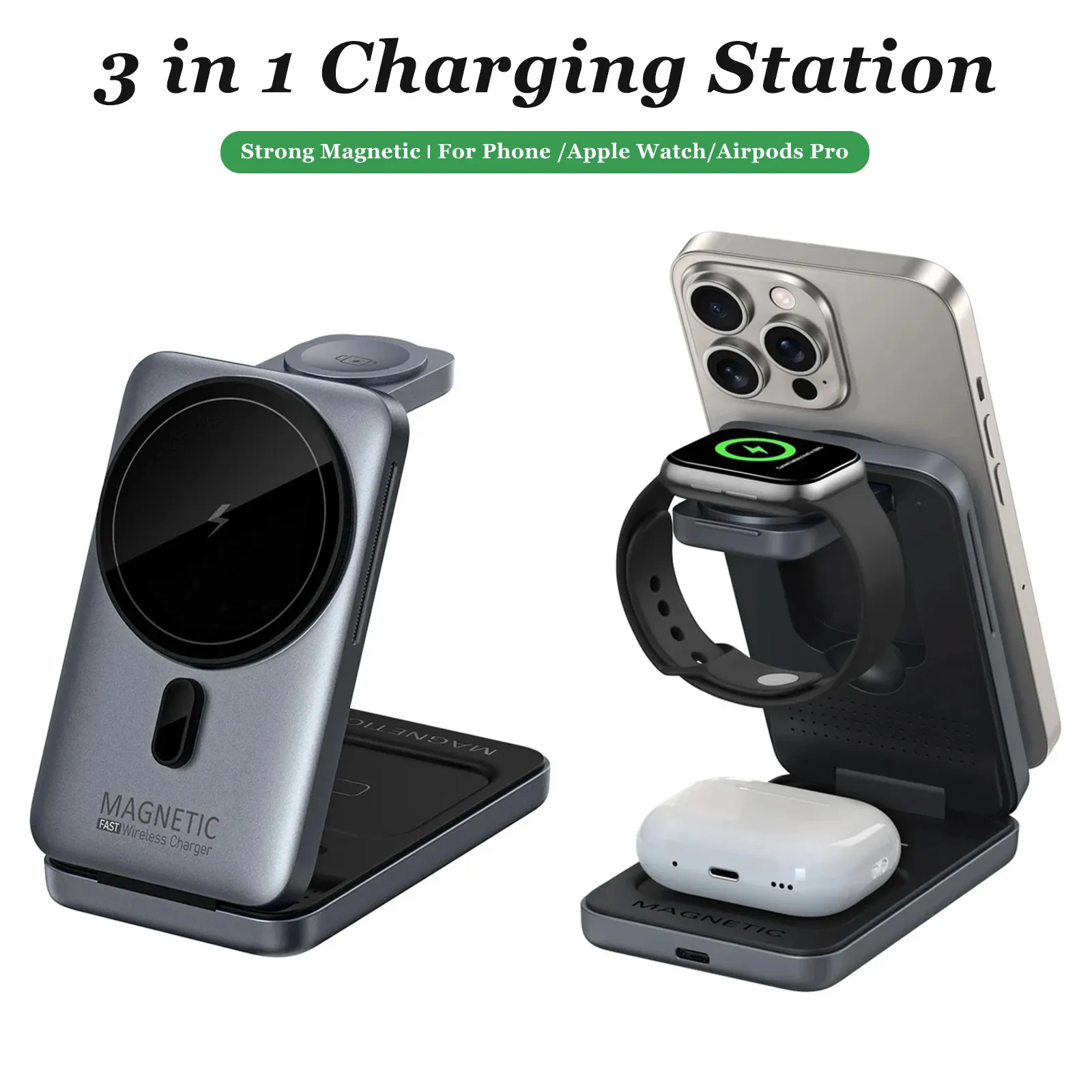 

Настольная магнитная подставка для беспроводного зарядного устройства 3 в 1 для Magsafe iPhone 17 Pro Max 16 ~ 12 Apple Watch 11 Airpods 4/3 Pro, быстрая зарядка