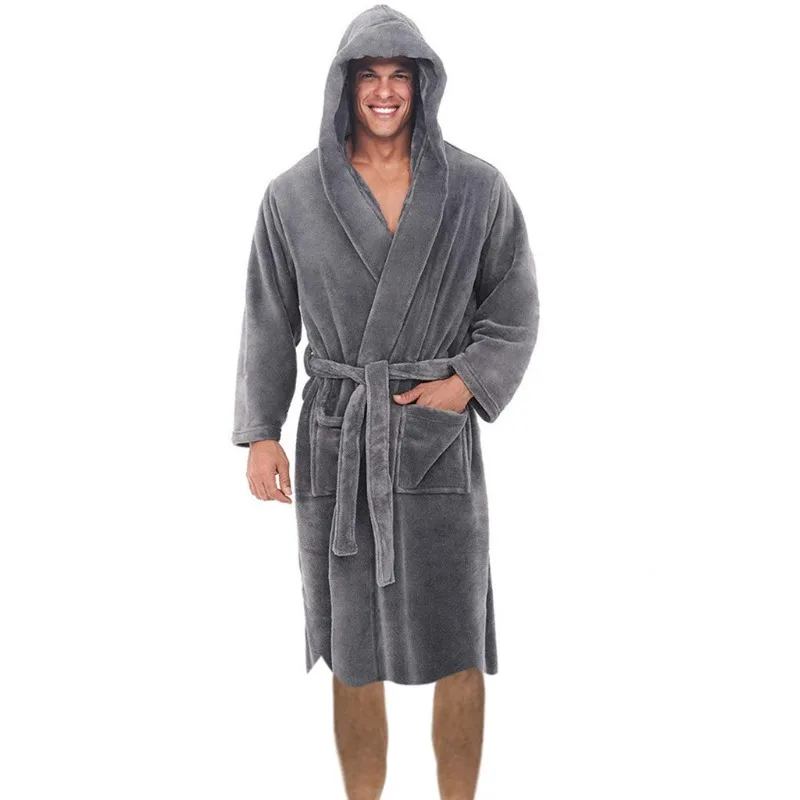

Solid Color Belt Flannel Bath Robe Hooded Pockets Warm Men Nightgown Pajamas Robe Long Thick Absorbent Terry Bath Home Clothes