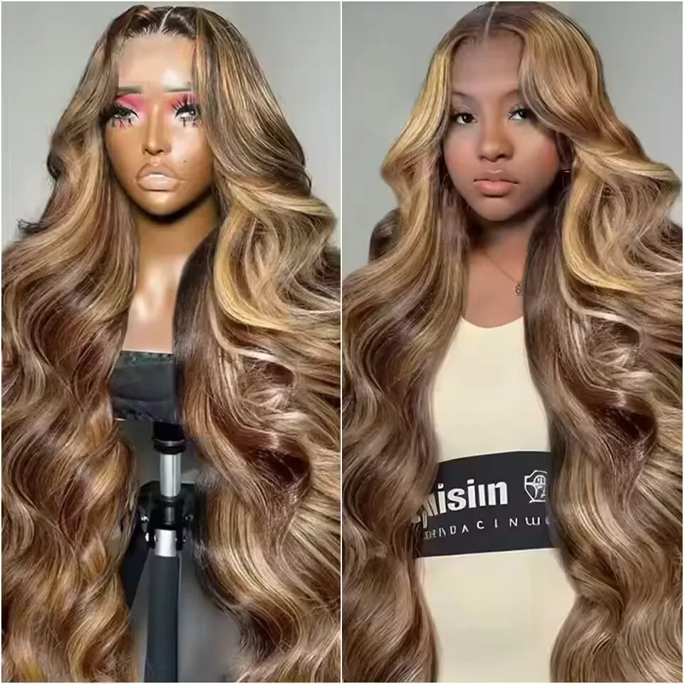

P4/27 Highlight body wave 13x6 13x4 HD Transparent Lace Frontal Wigs 40 46 Inches human hair 200 Density Brazilian human hair
