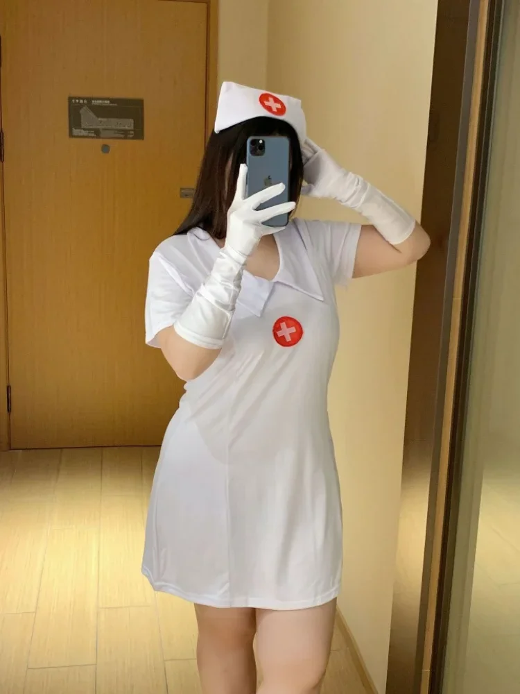 Robe d'Infirmière Blanche à Dos Creux pour Femme, Lingerie Cosplay, Uniforme d'Infirmière Anime d'Halloween avec Gants, Tenues de Boîte de Nuit, Grande Taille