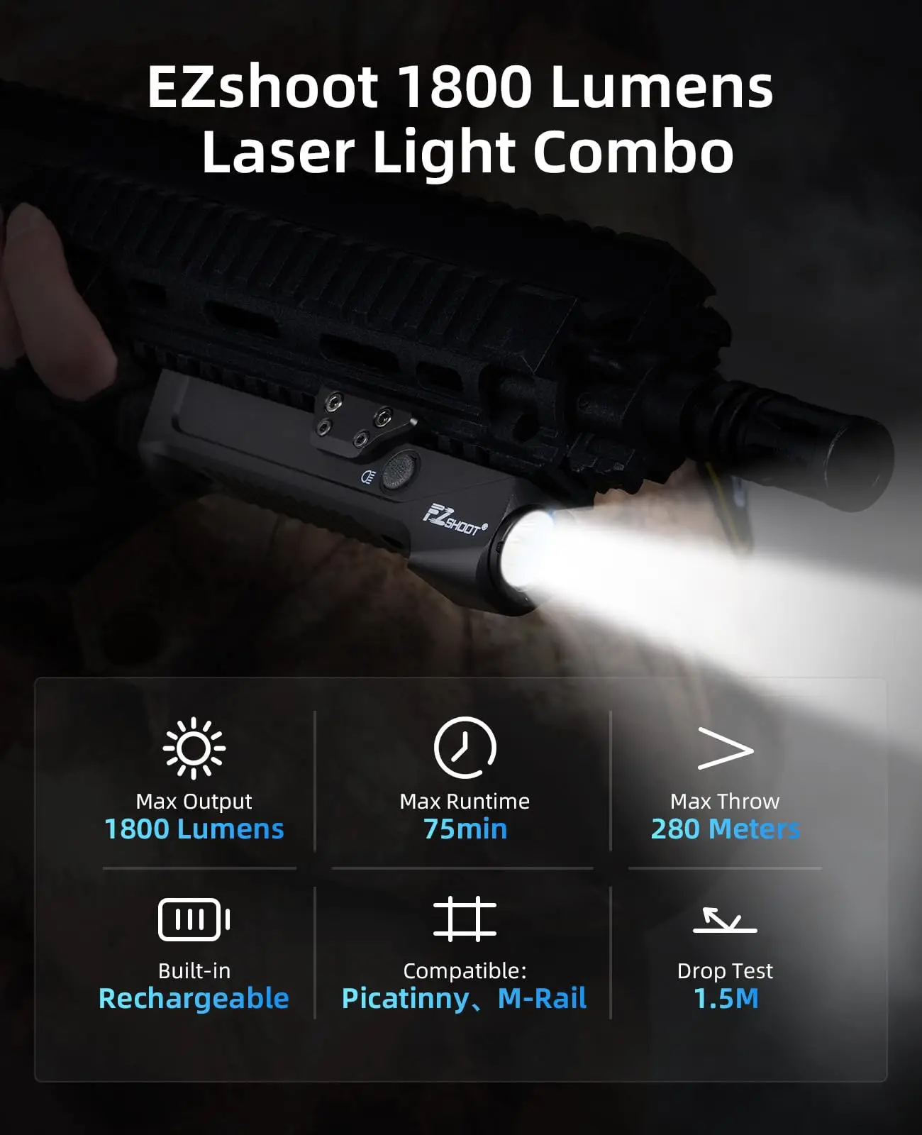 EZshoot 1800 Lumens Tactical Flashlight Rifle LED Light Rechargeable Compatible with Picatinny and M-Lok Rail with Strobe Mode