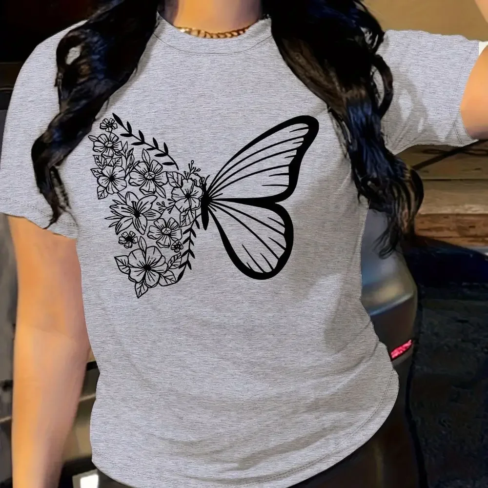 

American Ins Simple and Elegant Butterfly Art Print Short-sleeved Tops 2025 Summer O-neck Cool and Comfortable Women's Tops