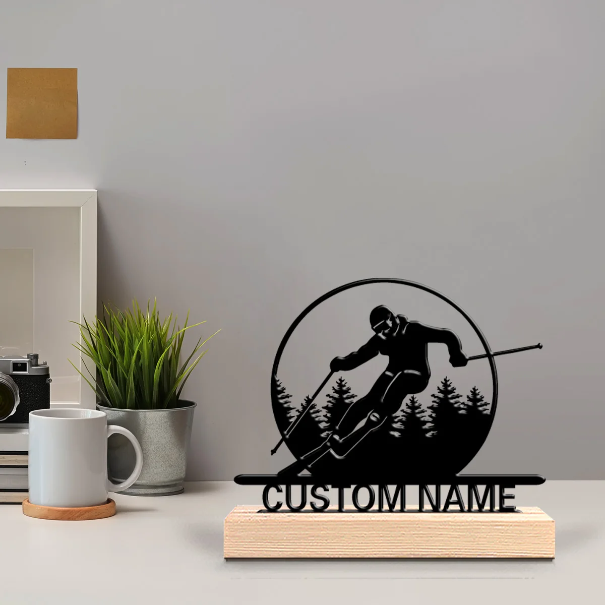1pc Creative Skiing Customizable Text Metal Statue Metal Ornament Handicraft With Wood Base Iron Sculpture For Home Desk Decor