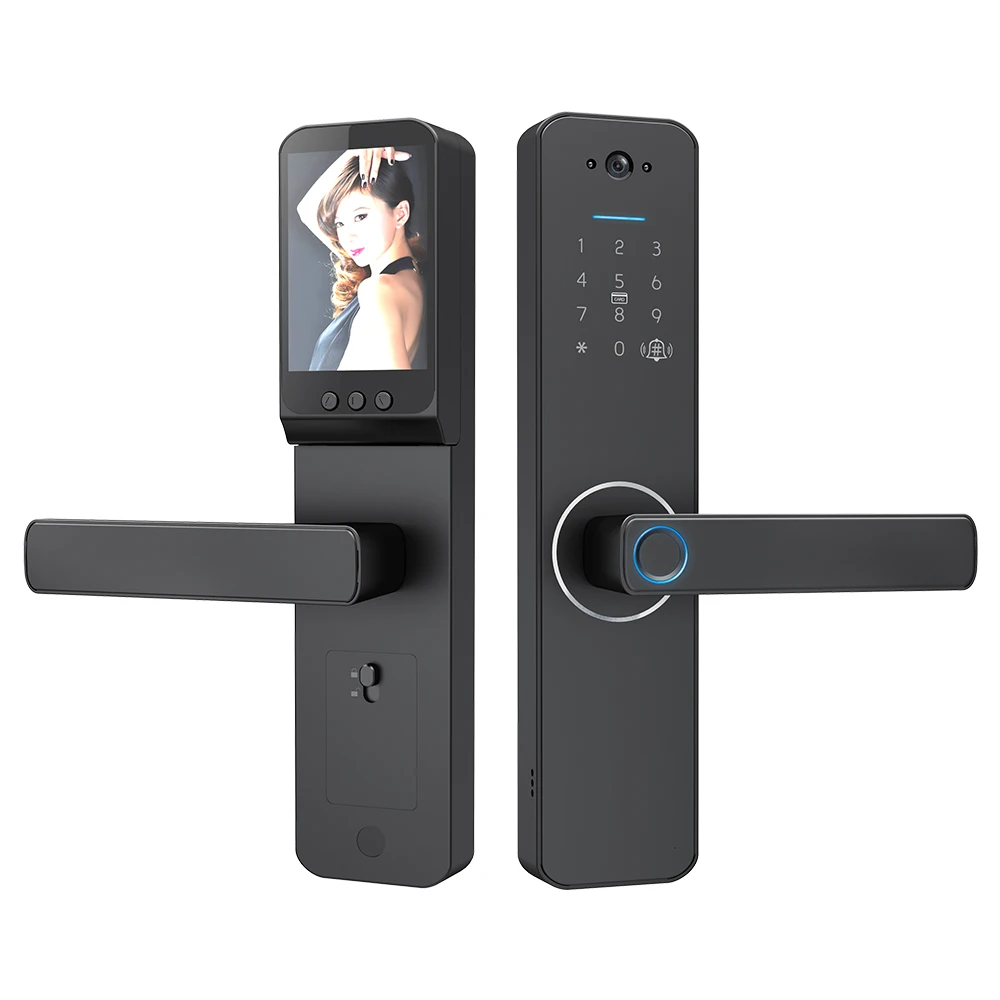 Smart Lock with 120° Wide-angle Camera and Smart Doorbell Keyless Entry Door Lock Handle Aluminum Alloy Biometric Door Lock