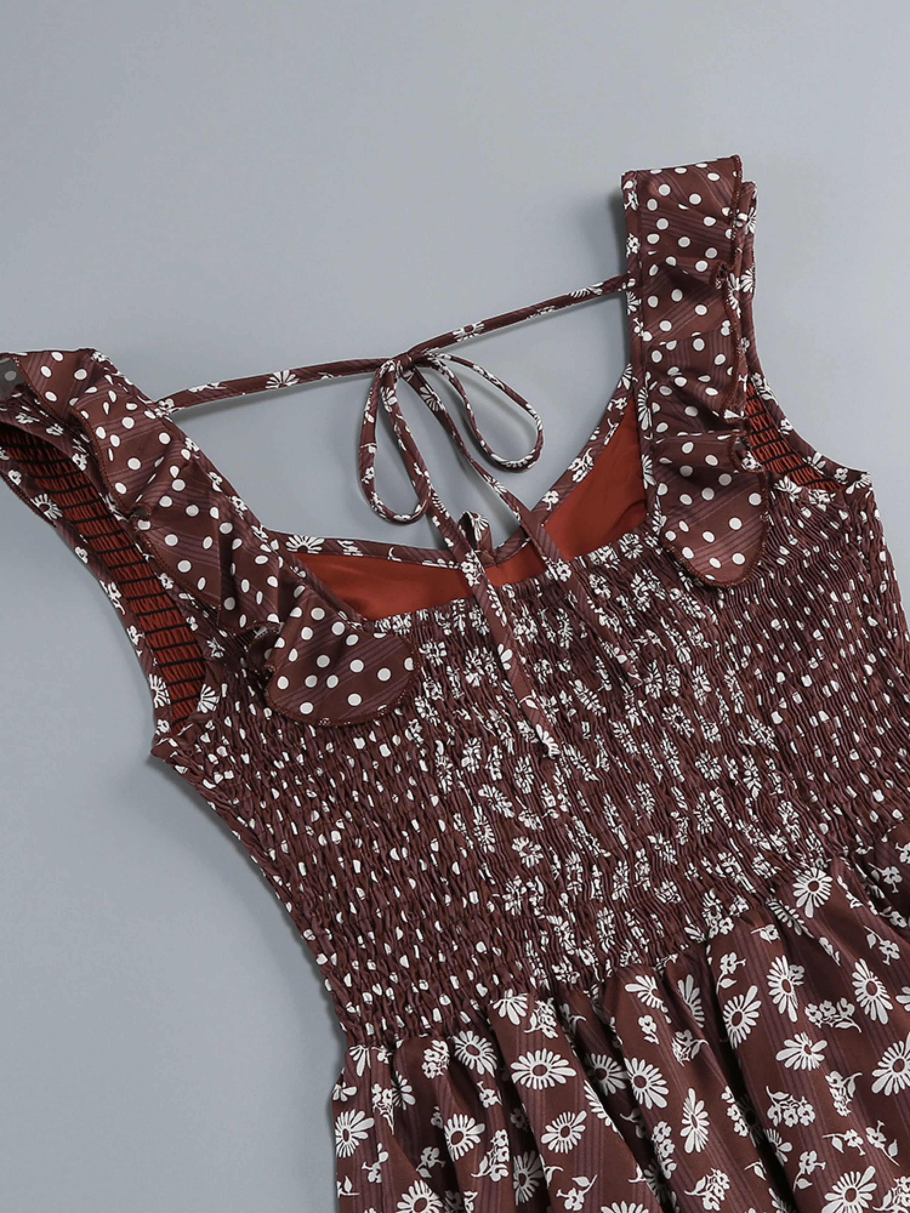 

Women Coffee Floral Ruffle Tie Back Square Neck Smocked Mini Dress Luxury Fancy Casual Date Vacation Cocktail Summer Dresses