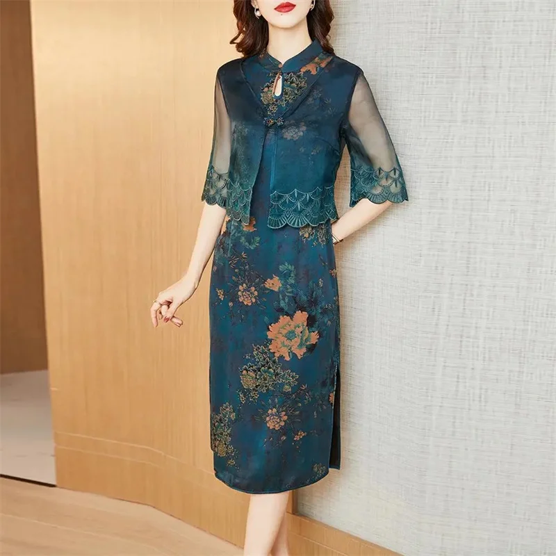 High-Quality Dresses Women Print shawl mulberry silk Jacket And Dress Mother Half Sleeves Two Piece Suit Summer Dress Elegant