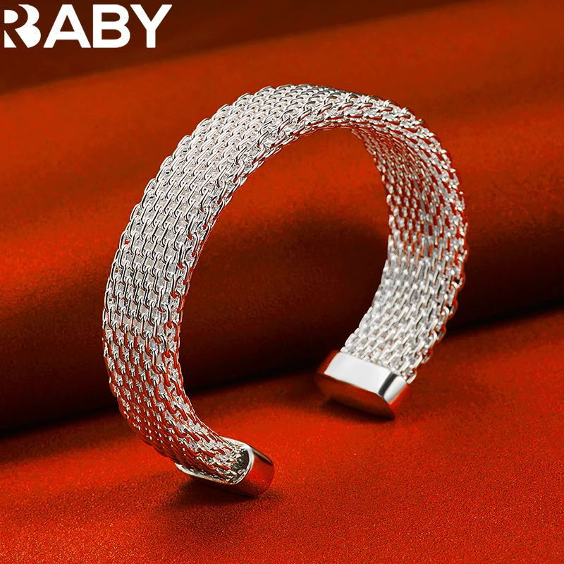 

925 Sterling Silver Woven Mesh Opening Bangle Bracelet For Women Fashion Jewelry Wedding Party Elegant Charm Accessories Gift