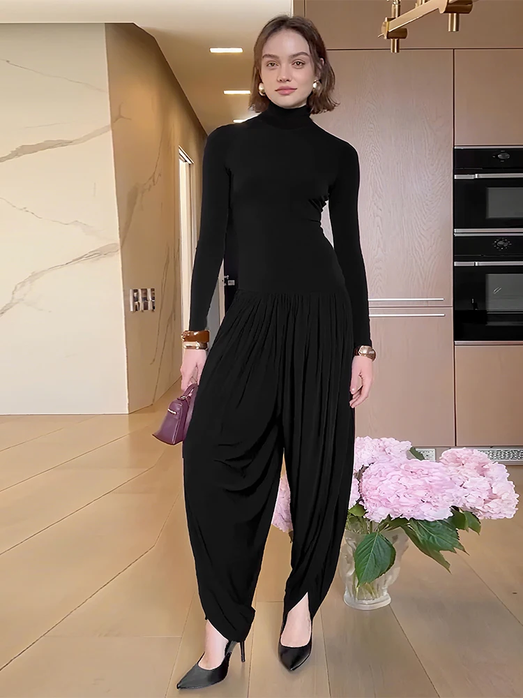 Macheda シンプルカジュアルオフィススタイルジャンプスーツ女性秋トレンドタートルネックフルスリーブストリートソリッドベーシックシャーリングエレガントオーバーオール