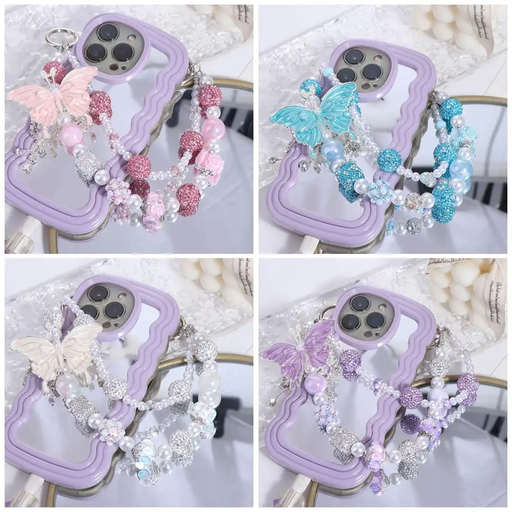 

Glitter Rhinestone Phone Chain Double Layer Luxury Beaded Cell Phone Lanyard Pearl Wrist Strap Beads Bag Pendant