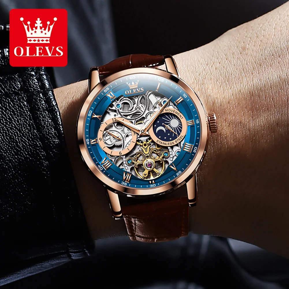 OLEVS 6670 Moon Phase Mechanical Watch For Men 44mm Big Dial Luxury Original Top Brand Man Watch Hollow Skeleton Leather Watches