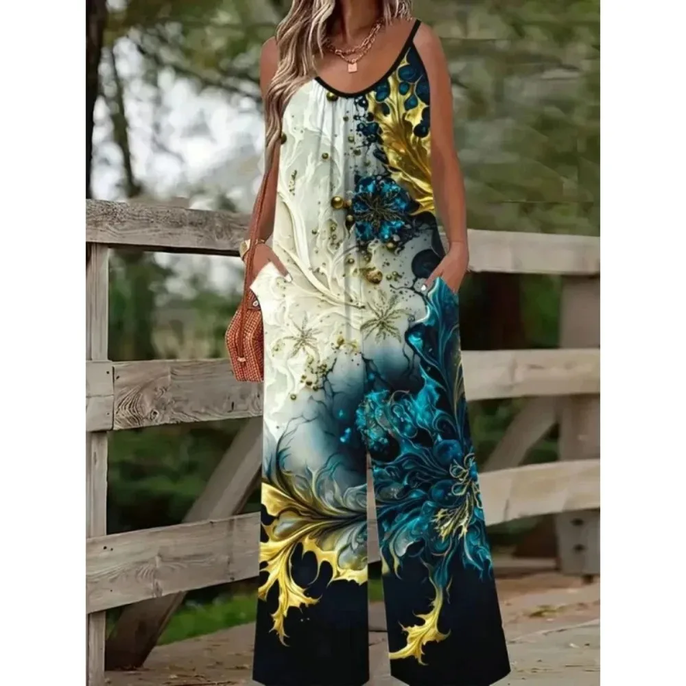 

European and American Hot-Selling Fashion Casual Jumpsuit Printed Burnt Flower Set Printed Set Casual