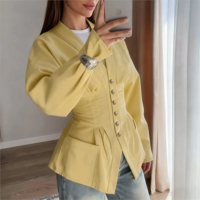 레트로 플리츠 슬림핏 허리 슬림 카디건 가을 스타일리시 디자인 여성 캐주얼 솔리드 컬러 버튼 긴팔 포켓 셔츠