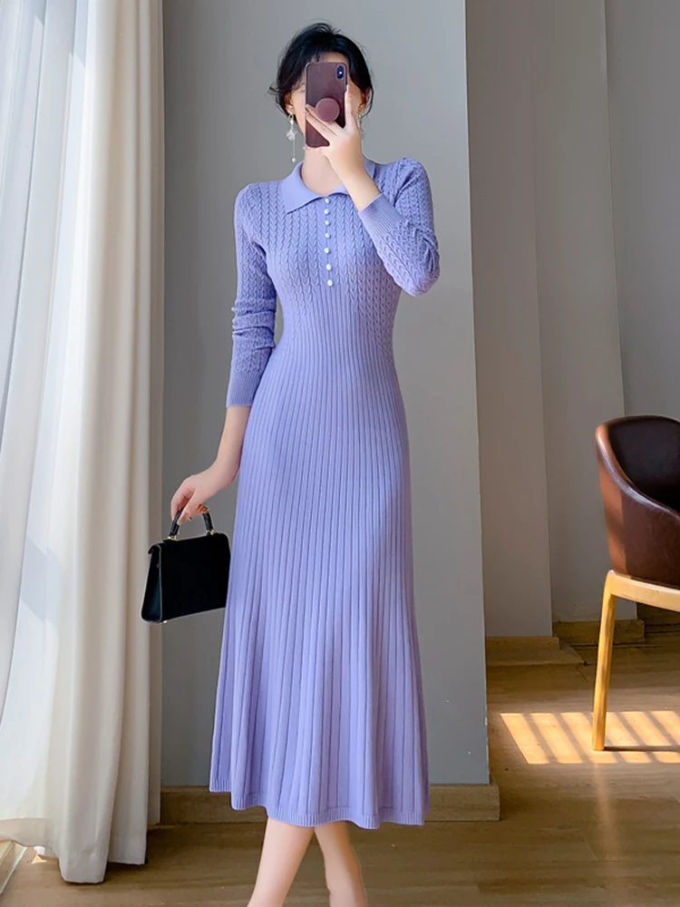 New 2024 Autumn Winter Sweater Dress Women Purple White Or Black Buttons High Waist A Line Elegant Knitted Dresses Female