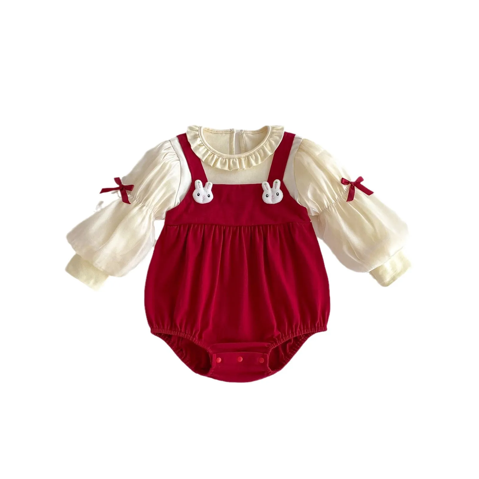 Ins Autumn 2024 Newborn Girls Rompers Bubble Sleeve Bow Rabbit Spliced Infant Girls Bodysuit 0-2 Years Baby Girls Outfits