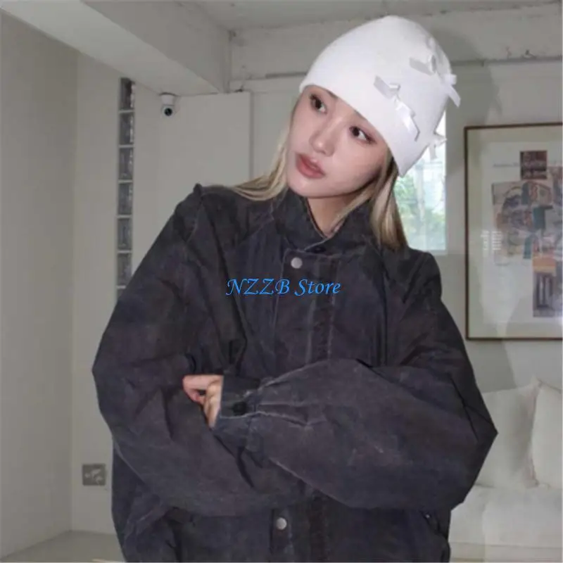 

T21F Y2K Knit Skull Beanie Hat for Women Ballet Ribbon Bowknot Hat Handcrochet Hat Girl Soft Hat Female Sweet Headwear