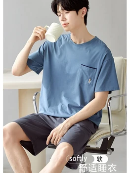 Plus size coreano algodão pijamas masculino 2 peças conjunto pijamas pulôver manga curta topos shorts homem homewear pjs casual nightwear