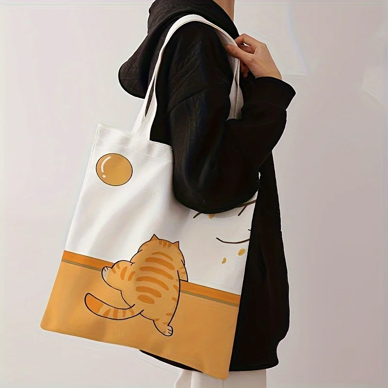 

Cute Orange Tabby Cat Print Polyester Tote Bag, Large Capacity, No-Closure Shoulder Shopping Bag for Leisure and Everyday Use