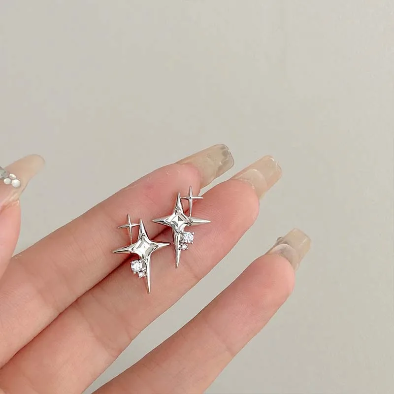 2025 Fashion Silver Color Cross Star Zircon Stud Earrings for Women Girl Korean Four-Pointed Star Personality Earrings Jewellery