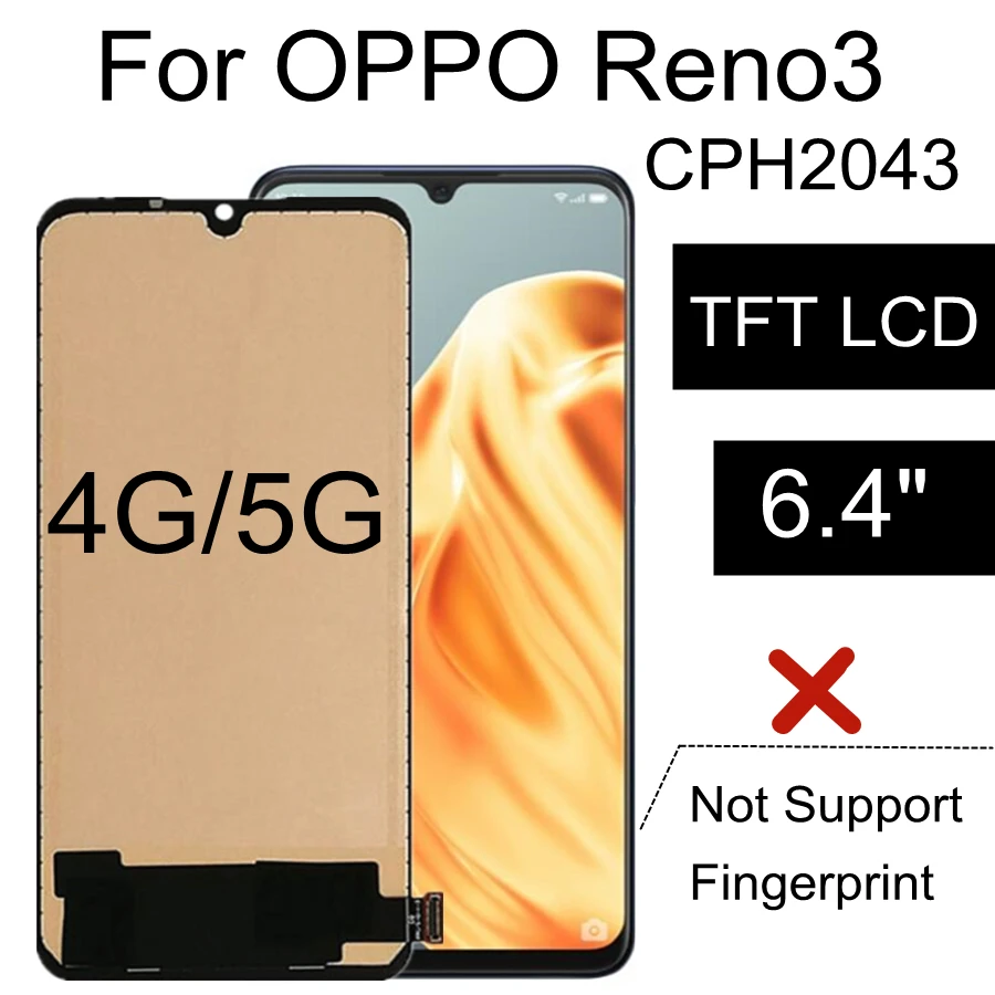 6.4  TFT LCD For OPPO Reno3 CPH2043 LCD Display Touch Screen Digitizer Assembly Replacement For oppo Reno 3  PCHM30 LCD