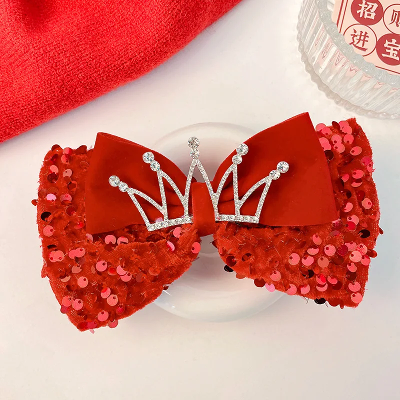 Princess Crown Children\'s Hair Clip Sequins New Year Red Big Bow Top Clip Girl\'s Birthday Headwear 3D Hair Clip